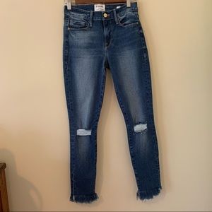 Frame Denim Le Skinny De Jeanne Shredded Fringe Hem, Size 28